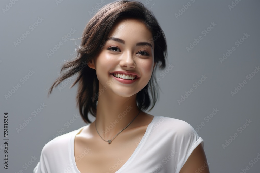 An ultra-realistic depiction of a beautiful young lady standing, clad in an empty white t-shirt with ample space for text, showcased against a white backdrop in a stock photograph. Generative AI. An ultra-realistic depiction of a beautiful young lady standing, clad in an empty white t-shirt with ample space for text, showcased against a white backdrop in a stock photograph. Generative AI.