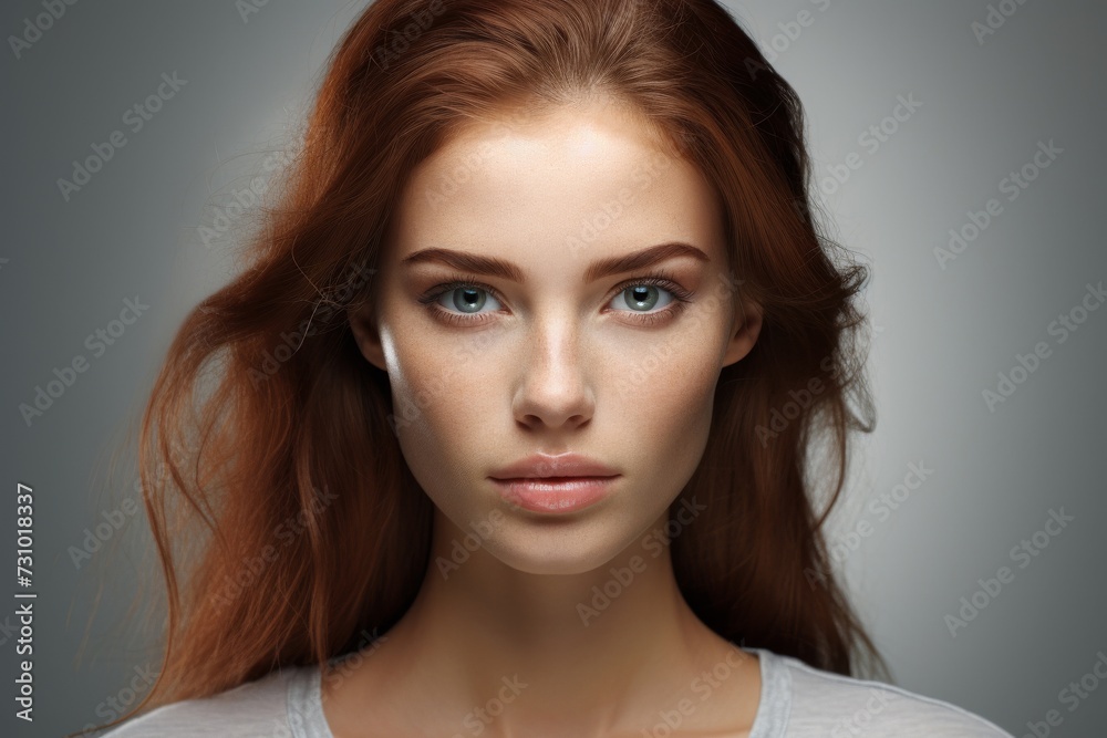 An ultra-realistic depiction of a beautiful young lady standing, clad in an empty white t-shirt with ample space for text, showcased against a white backdrop in a stock photograph. Generative AI. An ultra-realistic depiction of a beautiful young lady standing, clad in an empty white t-shirt with ample space for text, showcased against a white backdrop in a stock photograph. Generative AI.