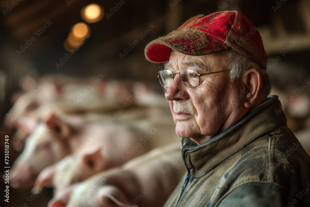 An elderly pig farmer watches his pigs on the farm.