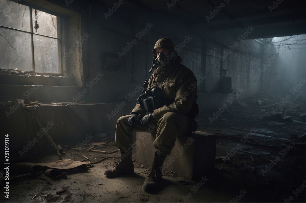 man sitting by a window wearing a mask and radioactive suit in an apocalyptic environment