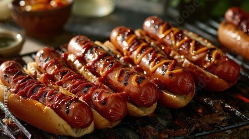grilled hot dogs, each with crisp edges and tiny grill marks, arranged on a backyard barbeque scene