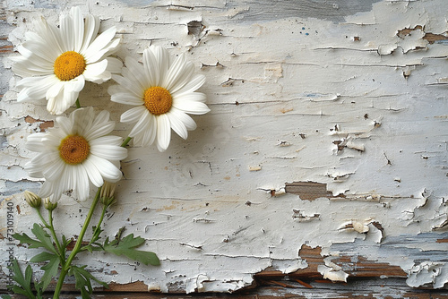 daisies on a wooden background, flowers on the bottom left corner. Belliss perennis photo