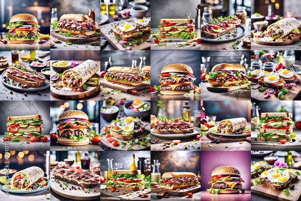 Naklejka premium Banner with a set of images of various sandwiches for background design of culinary topic