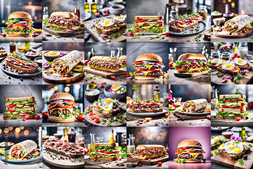 Banner with a set of images of various sandwiches for background design of culinary topic