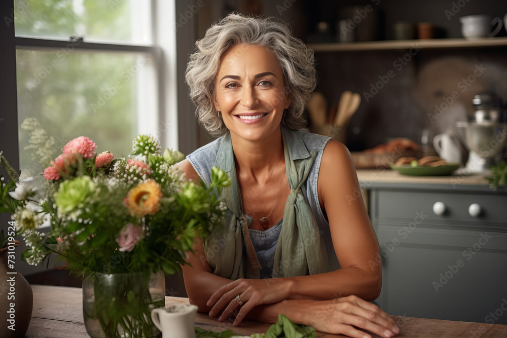 portrait of a 60 year old beautiful smiling woman sitting in her kitchen near the window