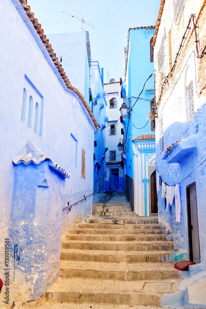 Traditional houses along alleyway in Chefchaouen, Morocco
