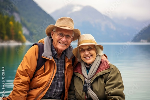 An elderly couple of tourists takes a selfie against the backdrop of a mountain lake © Elenka