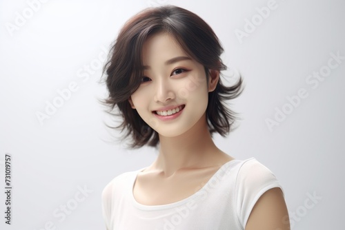 a radiant and cheerful Asian lady dons a white tee t-shirt, beaming with happiness while proudly displaying her smile against a plain white backdrop. Generative AI.
