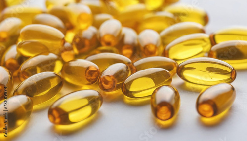 Vitamin E yellow fish oil Omega 3 6 9 capsules super close up macro view 9
