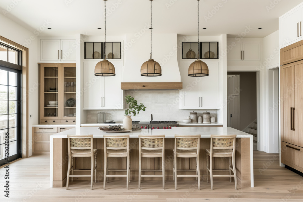 A beautiful farmhouse kitchen with white and white oak cabinets and chairs sitting at a large white oak island with a waterfall marble countertop. - obrazy, fototapety, plakaty 