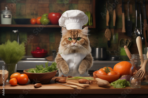 Cat in the kitchen with a chef cap and uniform