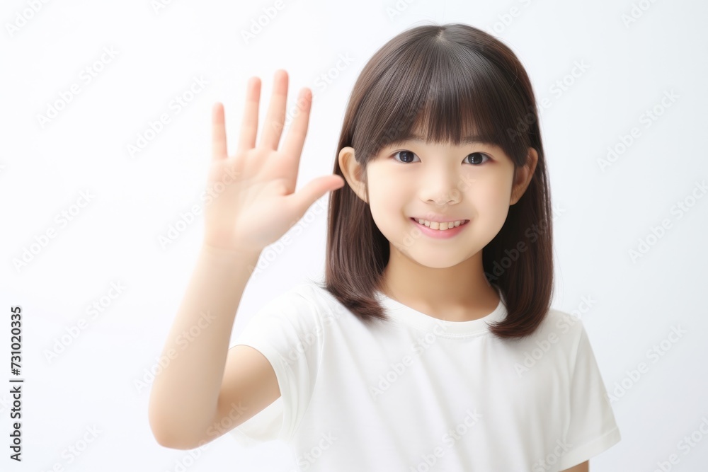 an exuberant and delightful Asian woman wears a white t-shirt, radiating joy as she showcases her smile on a blank white background. Generative AI. an exuberant and delightful Asian woman wears a white t-shirt, radiating joy as she showcases her smile on a blank white background. Generative AI.