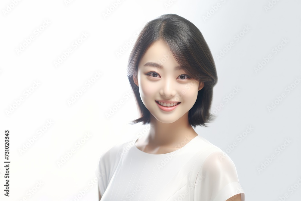 an exuberant and delightful Asian woman wears a white t-shirt, radiating joy as she showcases her smile on a blank white background. Generative AI. an exuberant and delightful Asian woman wears a white t-shirt, radiating joy as she showcases her smile on a blank white background. Generative AI.