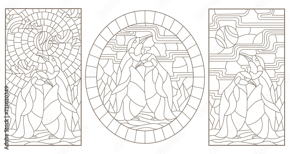 Set of outline illustrations of stained glass Windows with penguins, dark outlines on white background