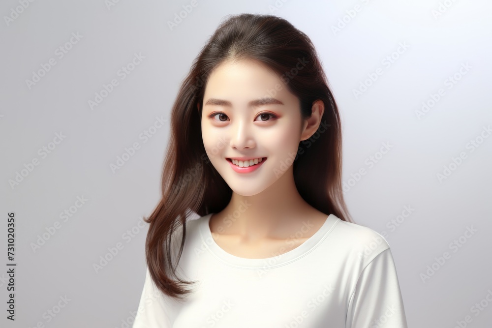 an exuberant and delightful Asian woman wears a white t-shirt, radiating joy as she showcases her smile on a blank white background. Generative AI.