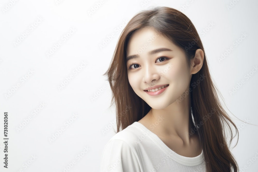 an exuberant and delightful Asian woman wears a white t-shirt, radiating joy as she showcases her smile on a blank white background. Generative AI. an exuberant and delightful Asian woman wears a white t-shirt, radiating joy as she showcases her smile on a blank white background. Generative AI.