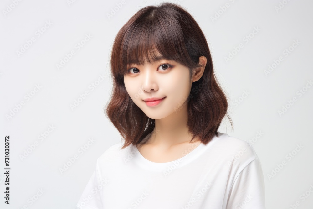 an exuberant and delightful Asian woman wears a white t-shirt, radiating joy as she showcases her smile on a blank white background. Generative AI. an exuberant and delightful Asian woman wears a white t-shirt, radiating joy as she showcases her smile on a blank white background. Generative AI.