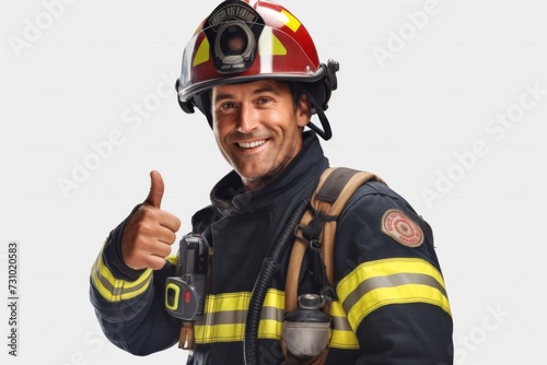 Portrait of a firefighter in uniform with thumbs up isolated on white background
