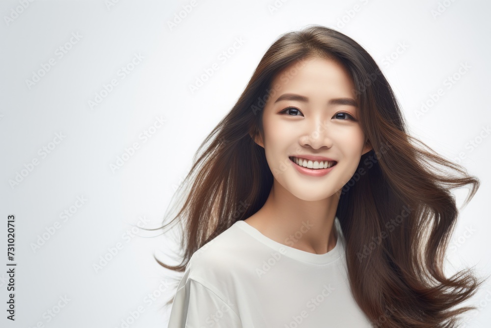Asian female, wearing a white t-shirt, beams with delight, proudly displaying her smile in a studio environment against a neutral white background. Generative AI. Asian female, wearing a white t-shirt, beams with delight, proudly displaying her smile in a studio environment against a neutral white background. Generative AI.