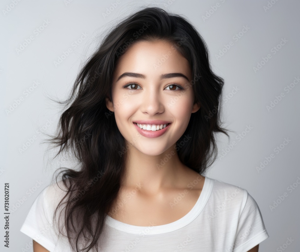 Asian female, wearing a white t-shirt, beams with delight, proudly displaying her smile in a studio environment against a neutral white background. Generative AI. Asian female, wearing a white t-shirt, beams with delight, proudly displaying her smile in a studio environment against a neutral white background. Generative AI.