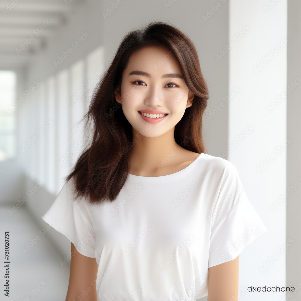 Asian female, wearing a white t-shirt, beams with delight, proudly displaying her smile in a studio environment against a neutral white background. Generative AI.