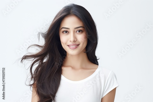 Asian female, wearing a white t-shirt, beams with delight, proudly displaying her smile in a studio environment against a neutral white background. Generative AI.