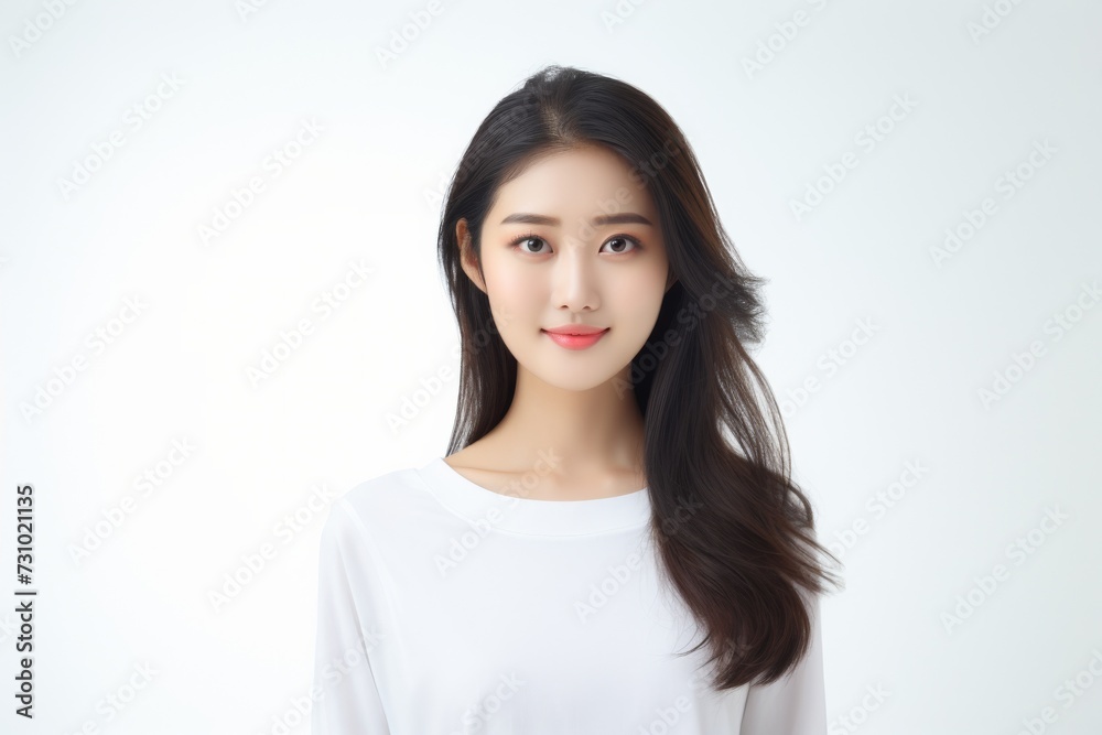 a jubilant and charming Asian lady dons a white tee t-shirt, exuding happiness while flaunting her smile against a plain white backdrop. Generative AI. a jubilant and charming Asian lady dons a white tee t-shirt, exuding happiness while flaunting her smile against a plain white backdrop. Generative AI.