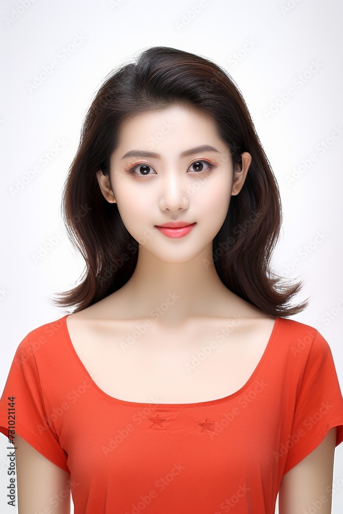 a jubilant and charming Asian lady dons a red tee t-shirt, exuding happiness while flaunting her smile against a plain white backdrop. Generative AI. a jubilant and charming Asian lady dons a red tee t-shirt, exuding happiness while flaunting her smile against a plain white backdrop. Generative AI.