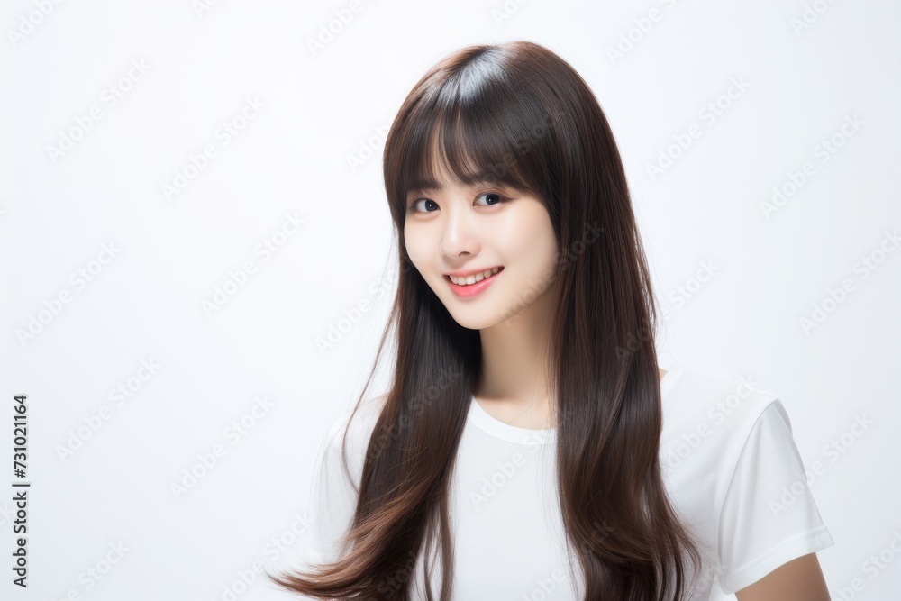 a jubilant and charming Asian lady dons a white tee t-shirt, exuding happiness while flaunting her smile against a plain white backdrop. Generative AI. a jubilant and charming Asian lady dons a white tee t-shirt, exuding happiness while flaunting her smile against a plain white backdrop. Generative AI.