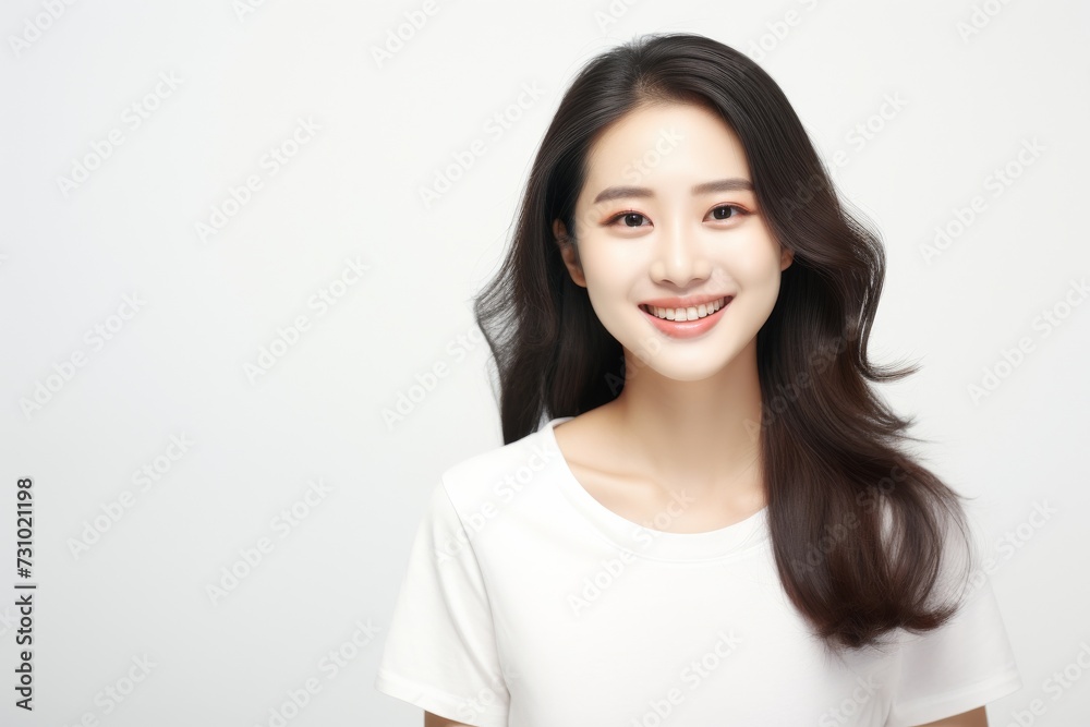 a jubilant and charming Asian lady dons a white tee t-shirt, exuding happiness while flaunting her smile against a plain white backdrop. Generative AI. a jubilant and charming Asian lady dons a white tee t-shirt, exuding happiness while flaunting her smile against a plain white backdrop. Generative AI.