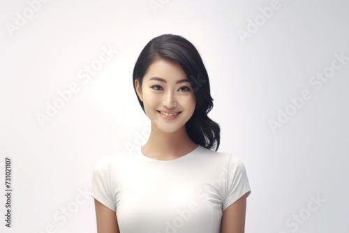 a jubilant and charming Asian lady dons a white tee t-shirt, exuding happiness while flaunting her smile against a plain white backdrop. Generative AI. © Surachetsh