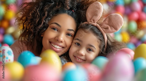 Close up portrait of adorable mother and daughter with radiant smiles
