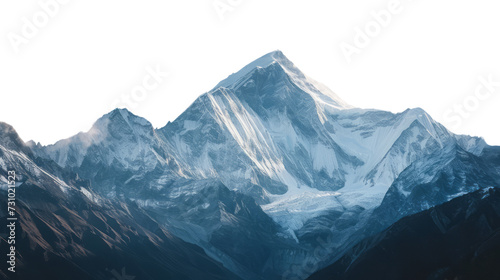 Snow-covered mountain peaks in a breathtaking landscape, featuring a wintry panorama with icy glaciers, rocky terrain, and a clear view of the sky, white background.