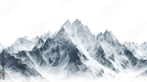 Snow-covered mountain peaks in a breathtaking landscape, featuring a wintry panorama with icy glaciers, rocky terrain, and a clear view of the sky, white background. photo