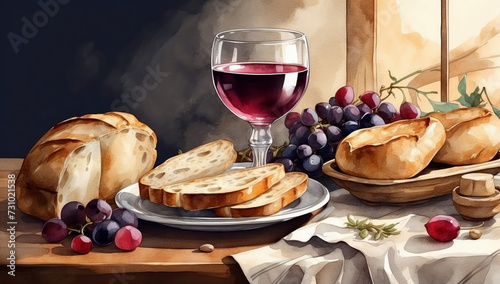 Eucharist sacrament chalice symbols bread and wine hosts illustration. AI generated photo