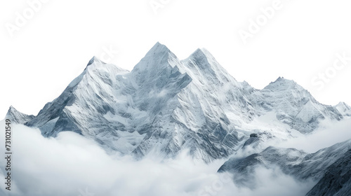 Snow-covered mountain peaks in a breathtaking landscape, featuring a wintry panorama with icy glaciers, rocky terrain, and a clear view of the sky, white background. © PlumPrum Stocker