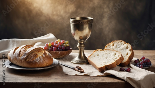 Eucharist sacrament chalice symbols bread and wine hosts illustration. AI generated photo