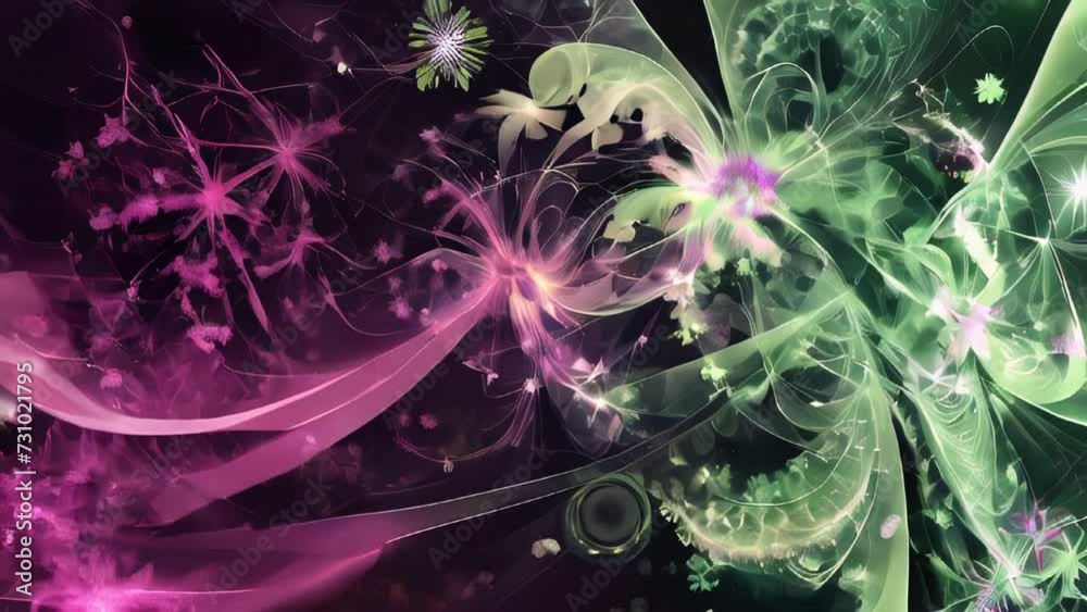 Abstract floral patterns emerging in green and purple neon lights. The background is dotted with effects that evoke explosions of light and the sparkle of stars.
Abstract floral patterns emerging in green and purple neon lights. The background is dotted with effects that evoke explosions of light and the sparkle of stars.