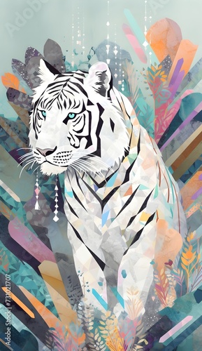 Bohemian illustration of a White tiger abstract collage art wall art print background © Mockup Lab