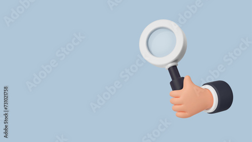 3d tiny businessman hand holding a magnifier. Search banner, business analysis, find job concept. Loupe render, detective glass tool. Vector illustration in cartoon and plastic style.