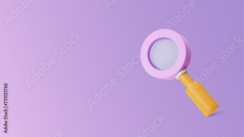 Search banner with 3d magnifier on gradient purple background. Tiny loupe render in plastic style. Analyzing information, seo concept with lens tool. Vector illustration with three dimensional element