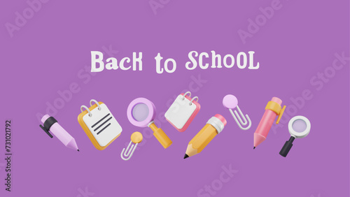 Back to school concept with 3d stationery supplies in pastel purple, pink, yellow colors. Border arrangement of pen, pencil, magnifier, copybook, paper clip. Vector illustration with plastic elements 