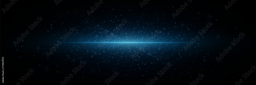 Blue glowing light explodes on a black background. Shiny magical dust particles. Bright Star. Shining sun, bright flash.