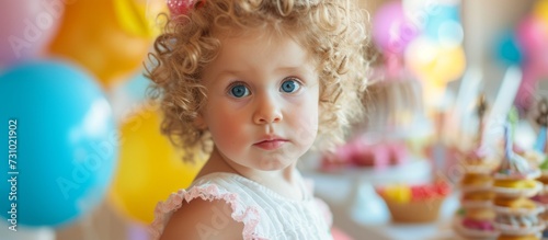 A happy toddler with curly blond hair and a big smile stands in front of colorful balloons at a joyful birthday party.