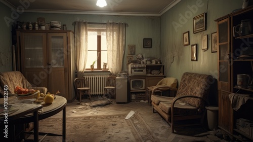 A run down Soviet era Russian home for elderly residents with old furniture, worn out flooring, damaged wallpaper, and an outdated TV.