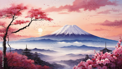 Watercolor traditional Japanese art with mountain Fuji, sakura trees and temples. AI generated photo