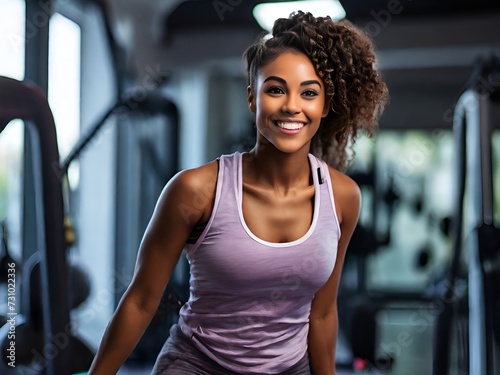 Smiling young black woman fitness model in sportswear doing exercise