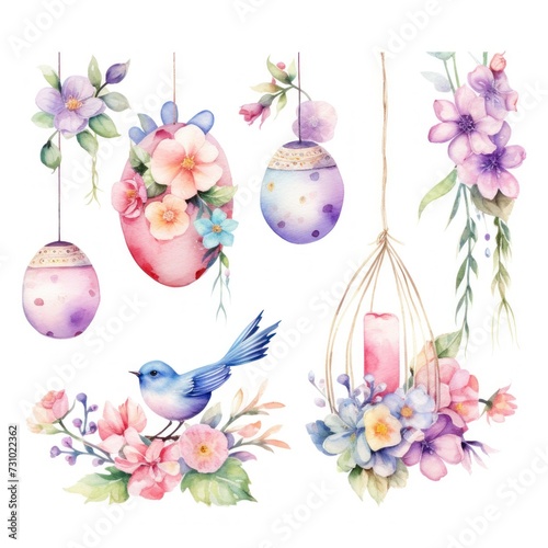 Watercolor illustration of Easter egg bunny decorated spring flowers isolated on white background. Clipart cute rabbit with pastel flowers. Easter hunt and decoration.