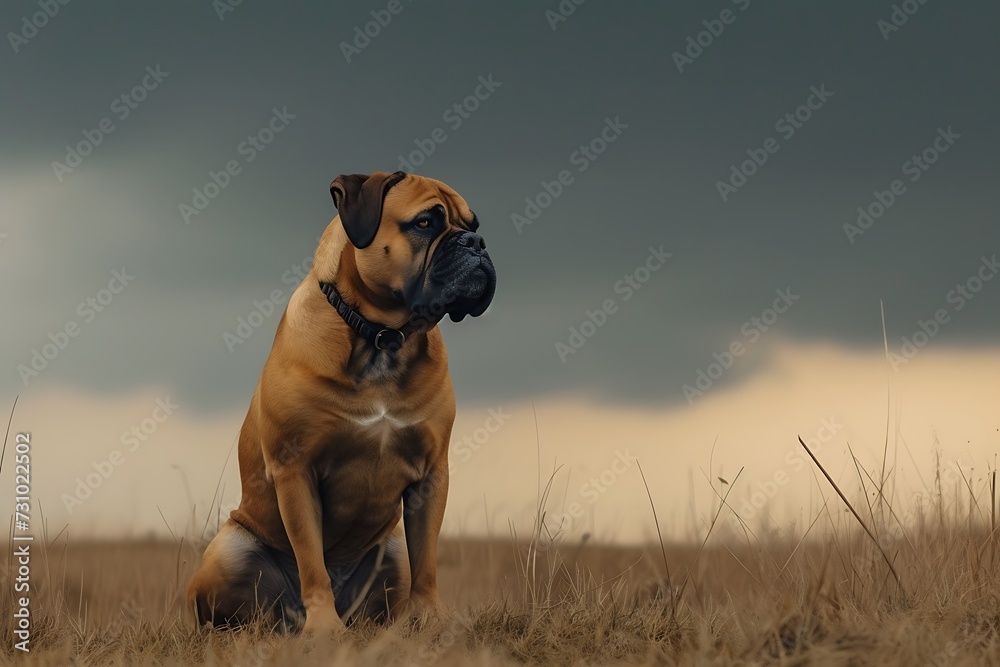 A cute Bullmastiff dog standing in a field 