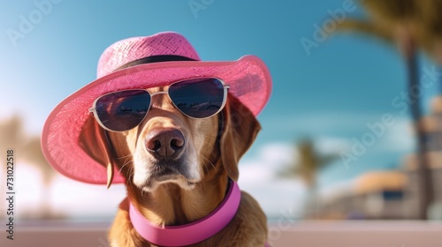 Dog wearing a hat and sunglasses on the beach © Michael